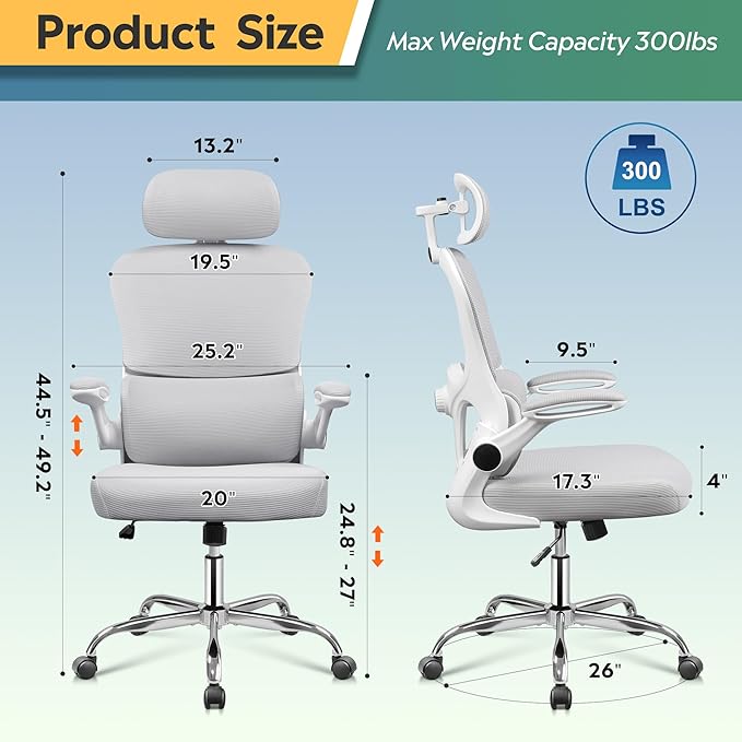 DEVAISE Ergonomic Mesh Desk Chair, Separated-Adjustable Lumbar Support，Large Cushion, Flip-up Armrests, 90-125° Rocking Tilt, for Home Office Computer Gaming, White&Grey