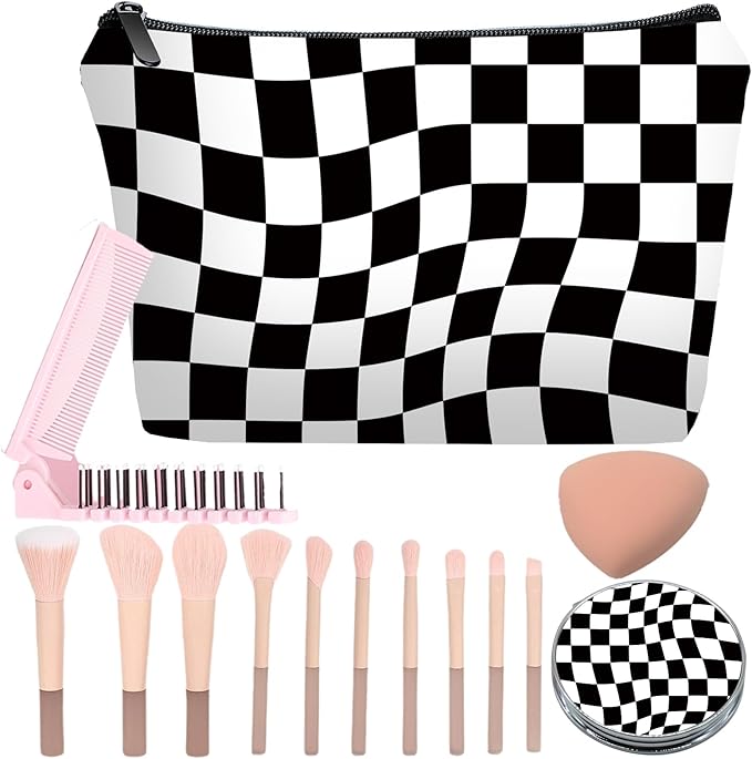 Personalized Black Checkered Makeup Bag set with Mirror for Women,Black Checkerboard travel Cosmetic bag kit with10 pieces pink brush set,Checkered Gifts for Girls Mom femal Friends