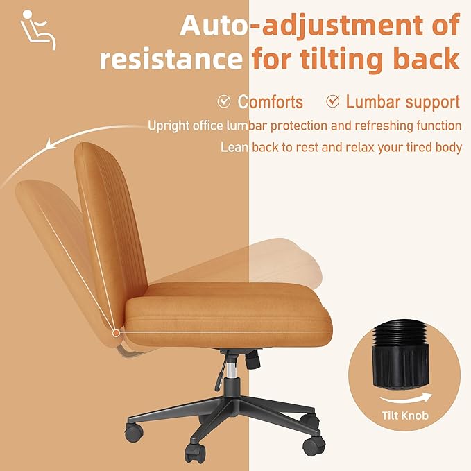 Shintenchi Criss Cross Chair,Cross Legged Office Seat with Wheels Armless Swivel Vanity Chair,Height Adjustable Wide Computer Task Seating for Home Office,PU Leather,Orange