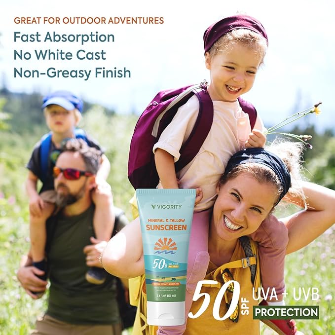 Vigority Tallow Sunscreen SPF 50 for Face & Body – Natural Grass-Fed Beef Tallow, Non-Nano Zinc Oxide – Moisturizing Mineral Sunblock, Non-Greasy & Non-Toxic, Reef Safe for Adults & Kids (3.4 oz)