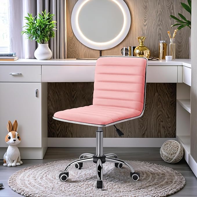 Furmax Vanity Office Desk Chair with Wheels, Armless Small Cute Leather Makeup Computer Task Chair Adjustable Height 360° Swivel (Pink)