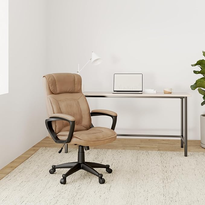 Serta® Hannah Executive Home Office Desk Chair, Ergonomic Mid-Back with Lumbar Support, Firm Seat Cushion, Layered Body Pillows, Padded Armrests, Swivel Base, Easy Assembly, Microfiber, Beige