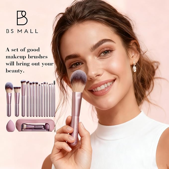BS-MALL 14 Pcs Makeup Brushes Set with 1 Pcs Makeup Sponge – Essential Foundation Powder Concealers, Eye Shadows, Blush Makeup Brushes with Travel Makeup Case (Matte Gold Pink)