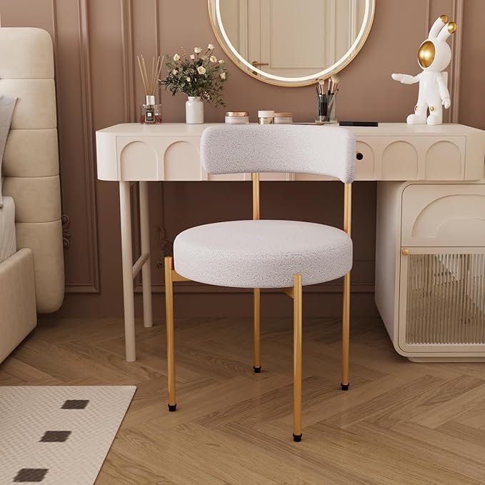 Desk Chair No Wheels Comfy Accent Chair for Living Dining Room Bedroom Home Office Mid Century Modern Upholstered Armless with Metal Legs (Gold Frame+White, 1)