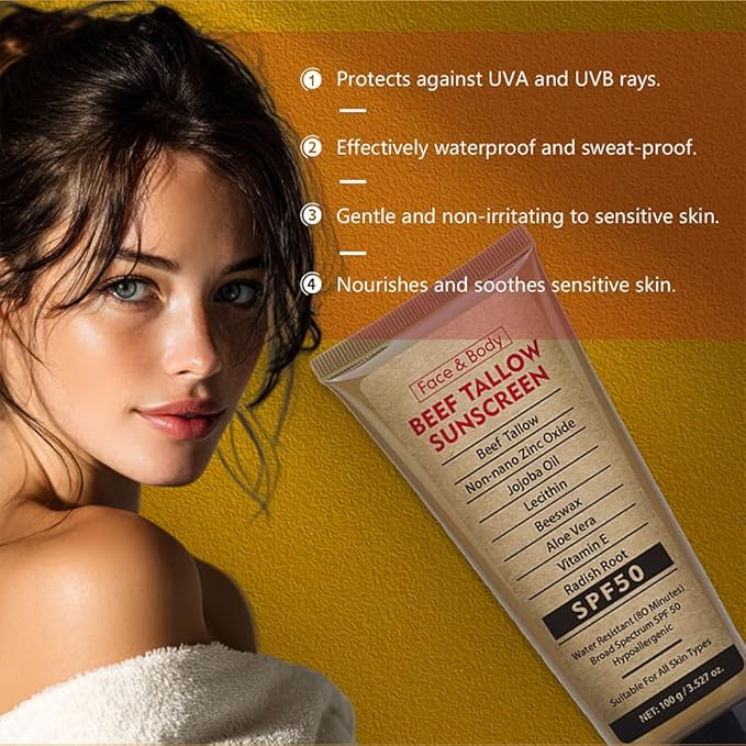 Beef Tallow Sunscreen for Face & Body: SPF 50 Zinc Oxide Sunblock, Non-Greasy Clean Formula, Sun Balm for Summer Outdoor Travel