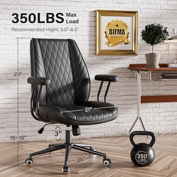 Black Leather Office Desk Chair with Quiet Rubber Wheels, Height Adjustable, Padded Arms, Vintage Mid Century Office Chair, Retro Style Desk Chair