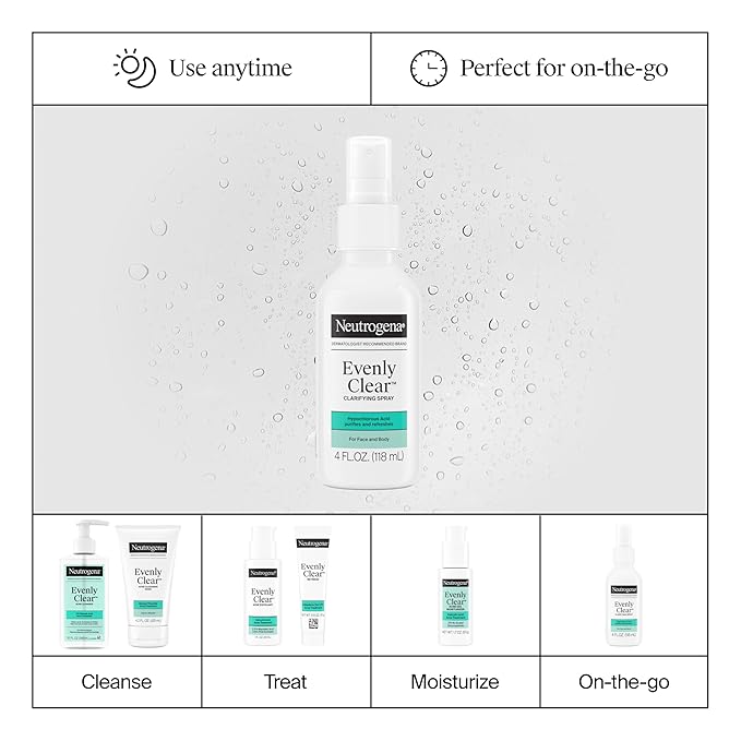 Neutrogena Evenly Clear Clarifying Hypochlorous Acid Spray, Purifying Face & Body Mist Helps Refresh Acne-Prone Skin While Fighting Impurities Anytime, Anywhere, 4 fl. oz