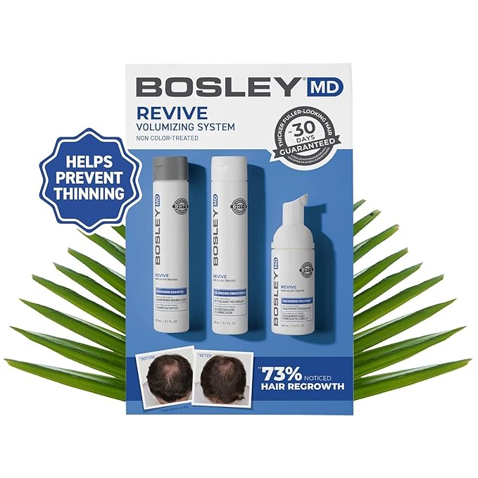 BosleyMD BOSRevive Volumizing Hair System for Non Color-Treated Hair – DHT-Blocking Shampoo, Conditioner & Thickening Treatment – Helps Restore & Thicken Visibly Thinning Hair Starter Size (30 Days)