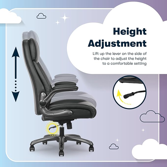 Serta Torrington Big & Tall Office Chair, with Flip-Up Padded Armrests, Ultra-Comfortable ComfortCoils Seat Cushion Technology, Modern Executive Premium PU Desk Chair, Black