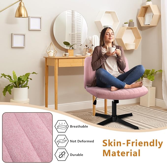 Criss Cross Chair, Cross Legged Desk Office Vanity Chair, Comfortable Pink Vanity Chair with Back, Armless Fabric Adjustable Wide Swivel Criss Cross Desk Chair for Home Office