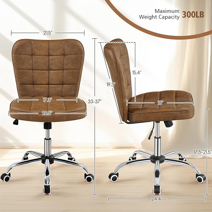 Yaheetech Armless Desk Chair Modern Tufted Office Chair Faux Leather Upholstered Computer Chair with Adjustable Seat Height and Rolling Wheels for Home/Office, Retro Brown