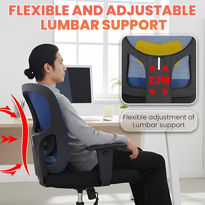 BestOffice Big and Tall Office Chair Mesh Computer Chair with Lumbar Support Wide Seat Adjust Arms Rolling Swivel High Back Task Executive Ergonomic Chair for Home Office, Blue