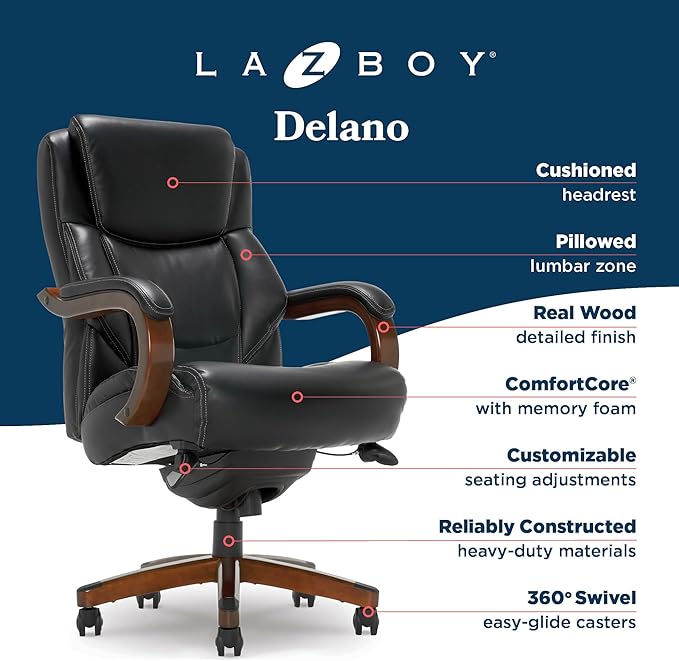 La-Z-Boy Delano Big and Tall Executive Office Chair - Ergonomic Lumbar Support Memory Foam - Bonded Leather Desk Chair for Home Office - Mahogany Wood Arms - Black