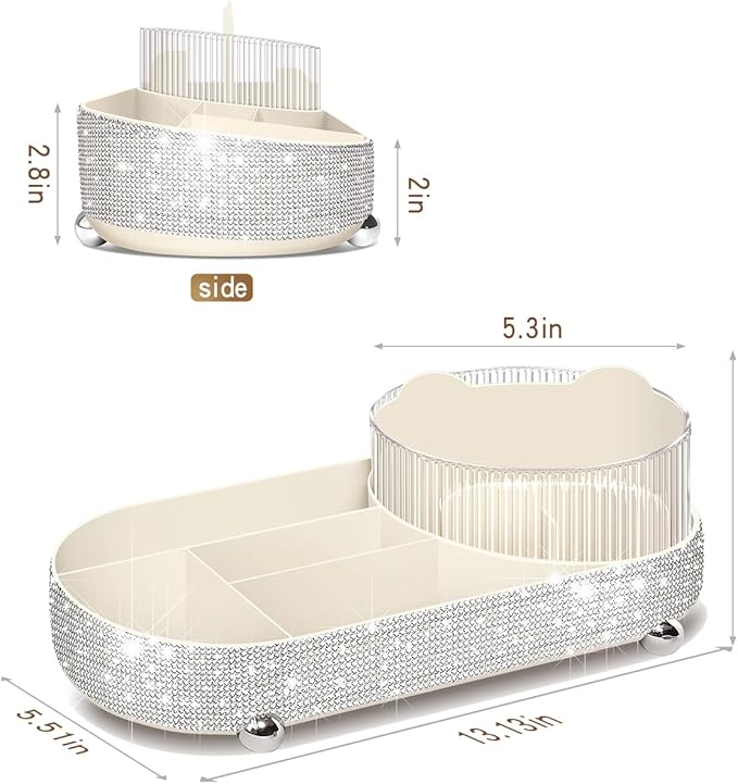 Yivaiks 360° Rotate Bling Makeup Organizer for Vanity Cosmetic Countertop Rhinestones Makeup Brush Holder Skincare Organizers Desk Storage Accessories