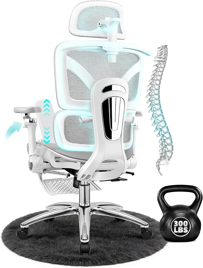 Ergonomic Mesh Office Chair with Footrest, Big and Tall Home Desk Chair with 5D Flip-Up Arms, Adjustable Lumbar Support, Gaming & Executive Computer Chairs, Grey