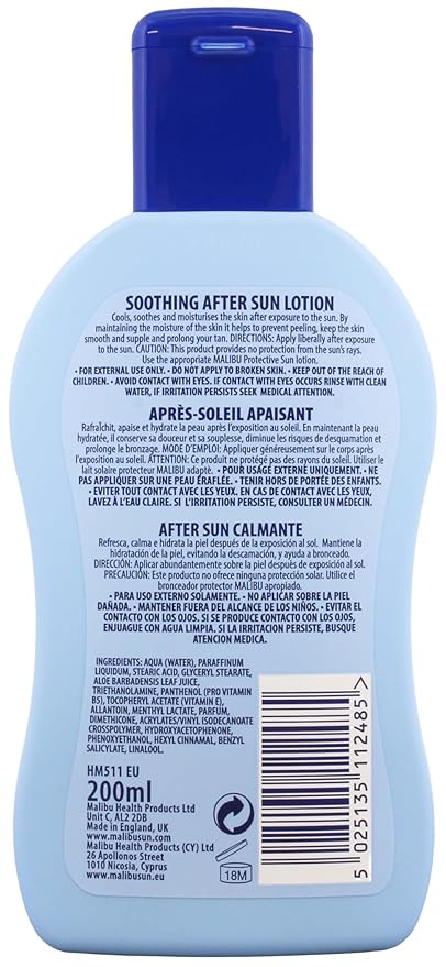 Malibu After Sun Lotion 6.76 fl oz – Cooling Aloe Vera & Vitamin E Moisturizer for Sunburn Relief, Hydrating Post Sun Care for Face & Body, Fast-Absorbing, Made in UK
