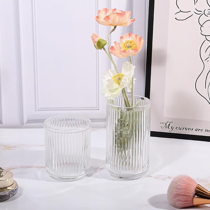 DASITON Makeup Brush Holder Organizer, Crystal Glass Makeup Brushes Storage Holder, Vintage Make Up Brush Cup for Vanity, Pen Pencil Holder for Desk, Toothbrush Holders for Bathroom (Clear L)