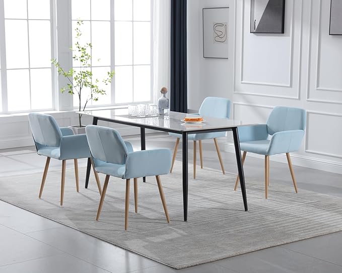 KCC Small Modern Dining Room Arm Chairs Set of 4, Mid-Century Upholstered Velvet Side Seat Club Guest with Metal Tube Legs for Kitchen, Living Room, Blue