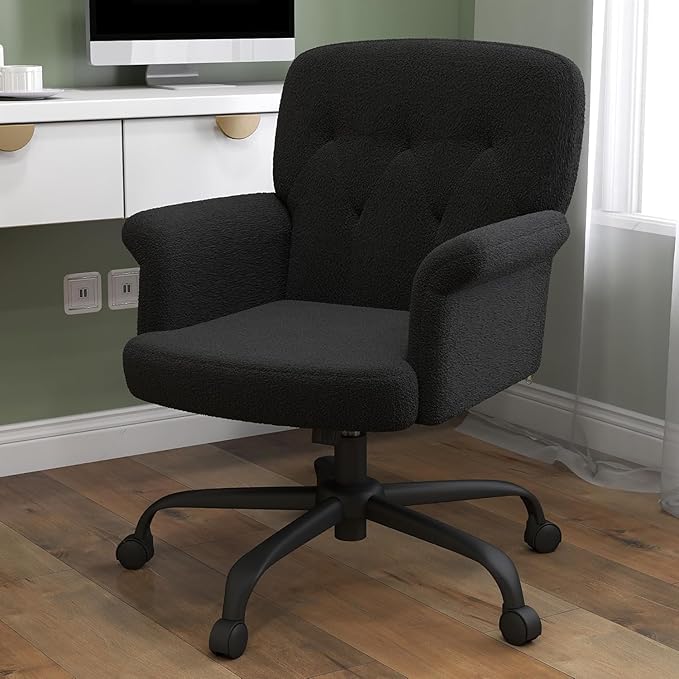 Comfy Home Office Desk Chair, Upholstered Fuzzy Vanity Chair with Wheels and Arms, Modern Adjustable Swivel Computer Seat for Living Room, Bedroom, Make Up, Home Office, Teddy Fleece, Black