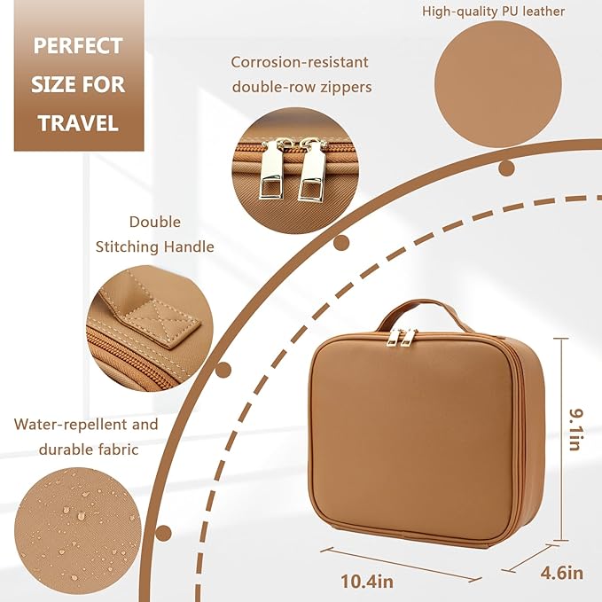 Makeup Bag with Led Mirror,Large Vanity Makeup Cases with 3 Color Setting,Portable Storage and Adjustable Dividers,for Women and Makeup Artists Cosmetic Organizer Travel Makeup Bag-Brown