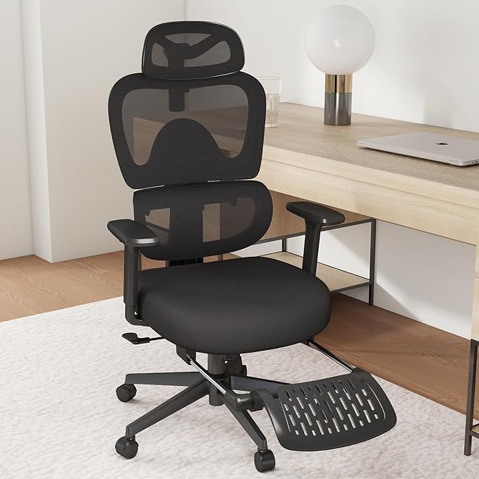 Ergonomic Office Chair with Footrest – Adjustable Lumbar Support, 3D Armrests & Headrest, Wide-Seat High-Back Mesh Computer Chair with Casters, Suitable for Home & Office, Black