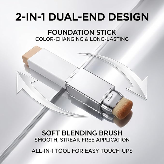 Color Changing Foundation Stick, Foundation Stick, 2-in-1 Waterproof Long Lasting, Dual-Ended Full Coverage Foundation with Fine Bristle Brush, Lightweight, Long-Lasting (Medium Skin)