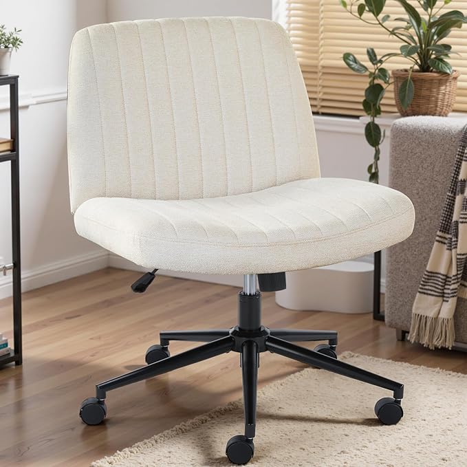DUMOS Criss Cross Chair with Wheels, Wide Cross Legged Office Desk Vanity Chairs, Fabric Armless Adjustable Swivel Chairs for Home Computer Task, Beige
