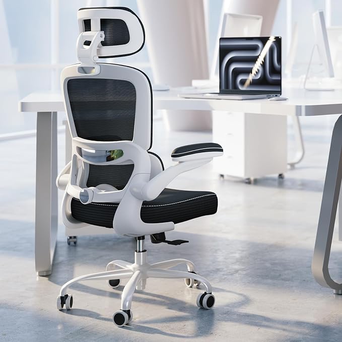 TRALT Ergonomic Office Chair - Desk Chair with Adjustable Headrest Lumbar Support Computer Chair - Mesh Comfy Chair with Flip-up Armrests - Gaming Chairs for Adults Home Office (Leather, Black White)