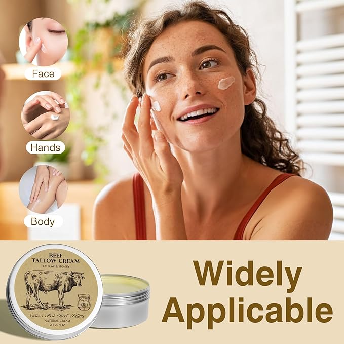 Beef Tallow for Skin, Tallow and Honey Cream,Tallow Face Moisturizer, Natural Grass-Fed Beef Tallow Balm with Raw Honey Moisturizing Cream for Body Lotion Skin Care 2 Packs