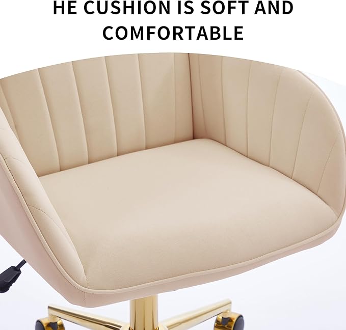 YITAI Velvet Office Desk Armchairs with Gold Base and Wheels,Modern Height Adjustable 360 Degree Swivel Upholstered Vanity Chairs for Living/Room Bedroom/Study,Khaki