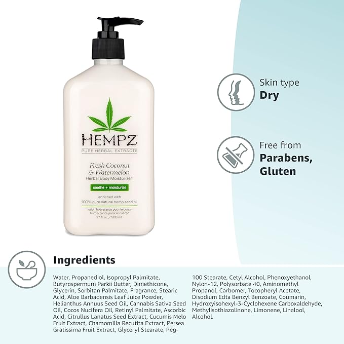 Hempz Body Lotion - Fresh Coconut & Watermelon Daily Moisturizing Cream,Shea Butter Body Moisturizer - Skin Care Products,Hemp Seed Oil - Large,(Pack of 2)