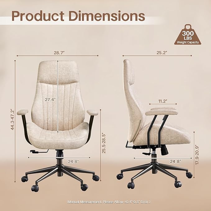 HOOOWOOO Faux Suede Leather Home Office Chair,MCM Modern Ergonomic Task Work Chair,Computer Desk Chair with Cushion Seat Lumbar Support Reclining High Back for Long Hours(Beige)