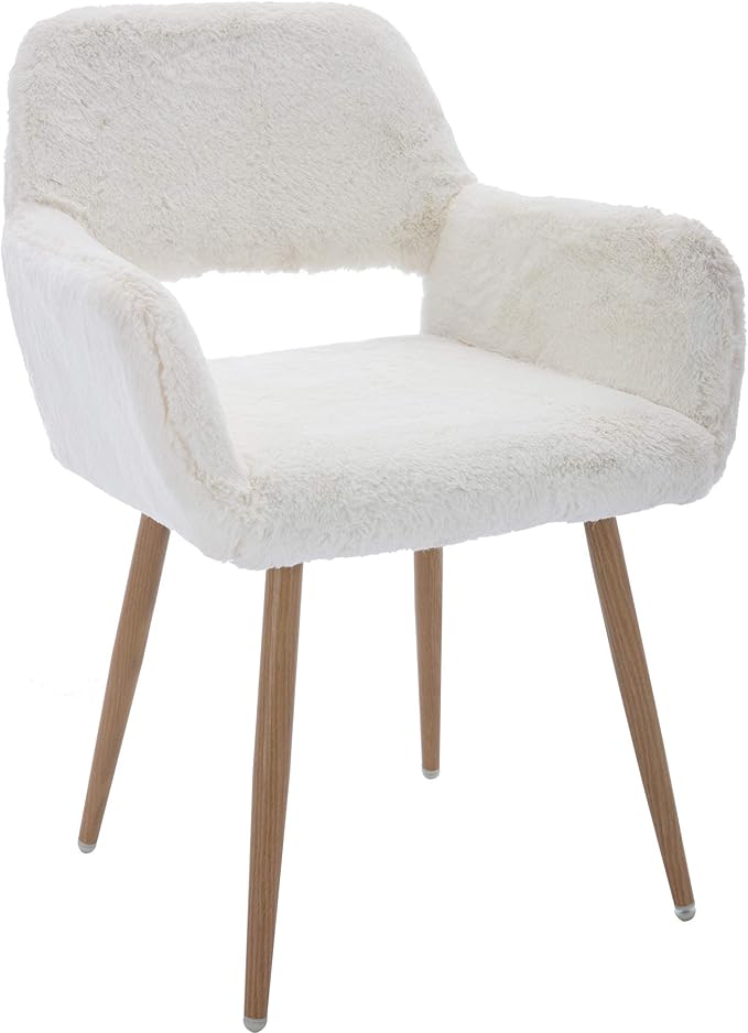 Furry Desk Chair, Modern Home Office Chair Without Wheels, Faux Fur Vanity Chair with Hollow Backrest, Comfy Armchair Wood Frame with Strudy Metal Legs, White