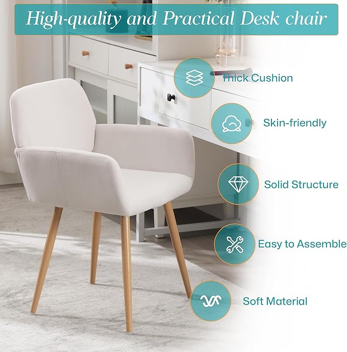 Home Office Velvet Desk Chair, Makeup Vanity Chair, Comfy Accent Armchair with Wood Grain Metal Legs, Cute Dining Chair with Hollowed Back, Beige