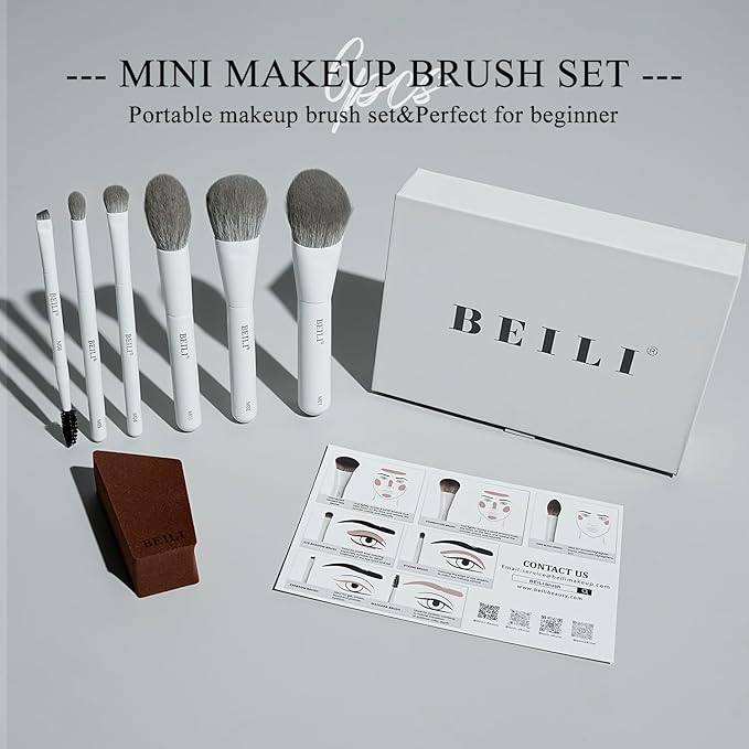 BEILI Mini 6Pcs Makeup Brush Set – Classic White, Professional Makeup Brushes for Foundation, Contour, Highlighter & Blending, Travel-Ready with Sponge