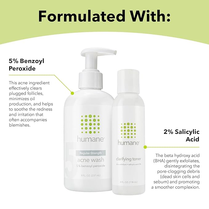 humane Regular-Strength Acne Wash and Clarifying Toner Bundle - 5% Benzoyl Peroxide Acne Treatment