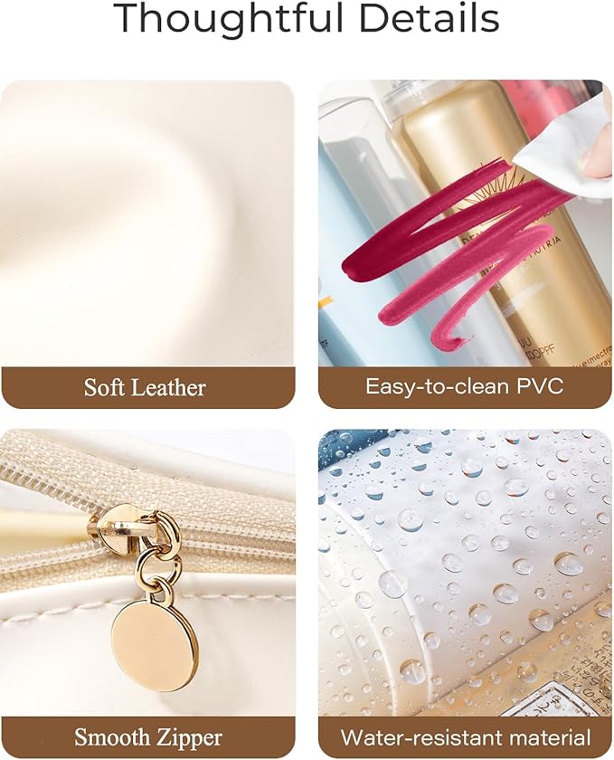 2Pcs Clear Makeup Bags Set, Clear Travel Makeup Brush Holder Leather Makeup Case Toiletry Bag with Zipper Portable Cosmetic Pouch Waterproof Makeup Brush Storage Bag Car Bag for Essentials (White Set)