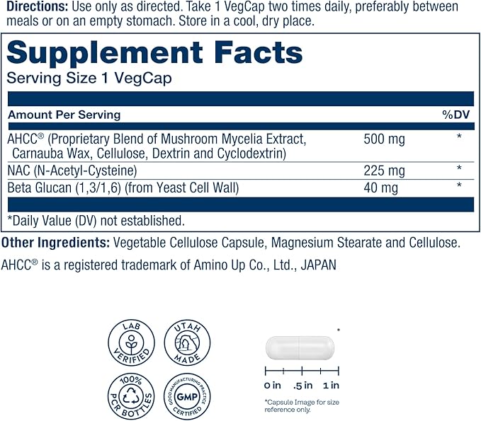 SOLARAY AHCC Mushroom Supplement Plus NAC and Beta Glucan - Mushroom Complex for Powerful Wellness Support - 60-Day Guarantee, Lab Verified - 30 VegCaps, 30 Servings