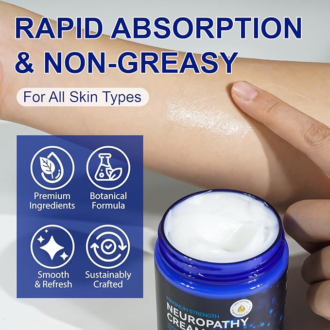 Neuropathy Cream Extra Strength Nerve Relief Cream for Feet, Legs, Neck, Back, Hands, Body – Lightweight, Plant-Based Formula with Cooling Comfort, 4 oz