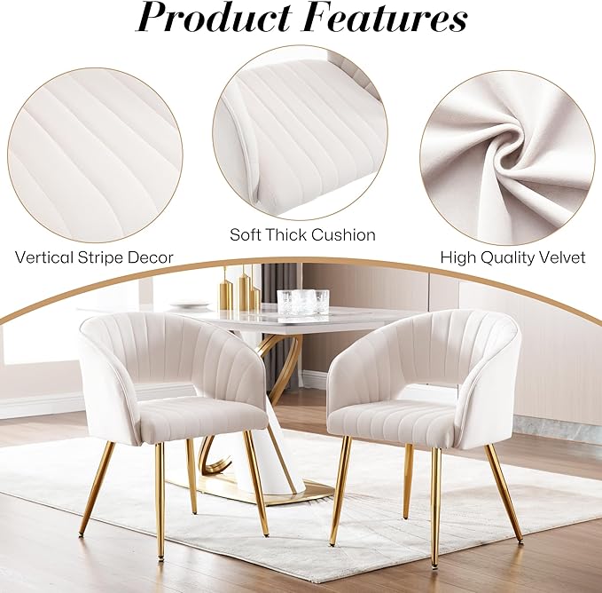 Modern Velvet Vanity Chair, Home Office Desk Chair with Hollow Back, Upholstered Dining Chair with Gold Metal Legs, Comfy Accent Armchair for Living Room Bedroom, Beige