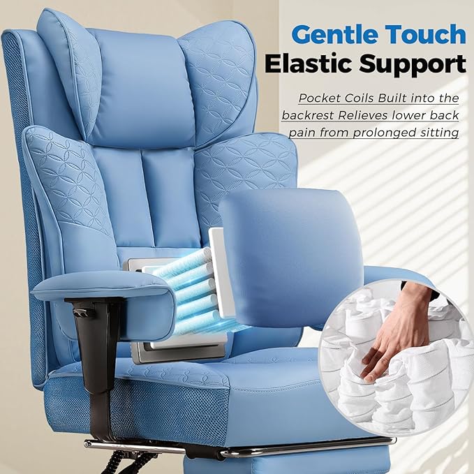 GTPLAYER Big and Tall Office Chair 400LBS Wide Ergonomic Gaming Chair with Deluxe Embossing Designed Leather with Foot Rest,150°Reclining Adjustable Soft Armrests Pocket Spring Back Support and Pillow