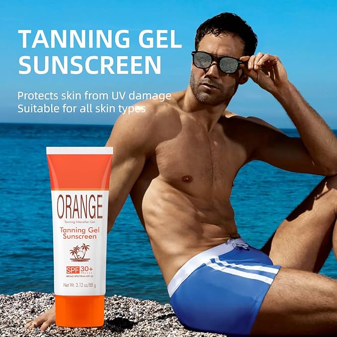 Orange Tanning Gel Sunscreen SPF 30+ – Hydrating Balm-to-Oil Bronzing Formula with Coconut Oil, Vitamin E & A – Non-Greasy Sunblock for Smooth, Glowing Skin – 3.12 oz (1)