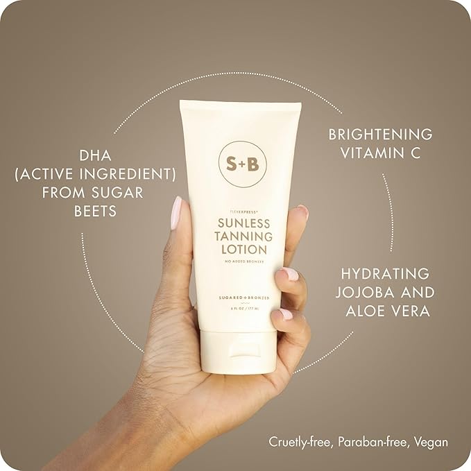 SUGARED + BRONZED Sunless Tanning Lotion, Self Tanner Moisturizer for Face & Body, Hydrating Botanical Formula for a Natural-Looking Tan, Suits All Skin Tones, Vegan, Cruelty Free, 6 Fl Oz