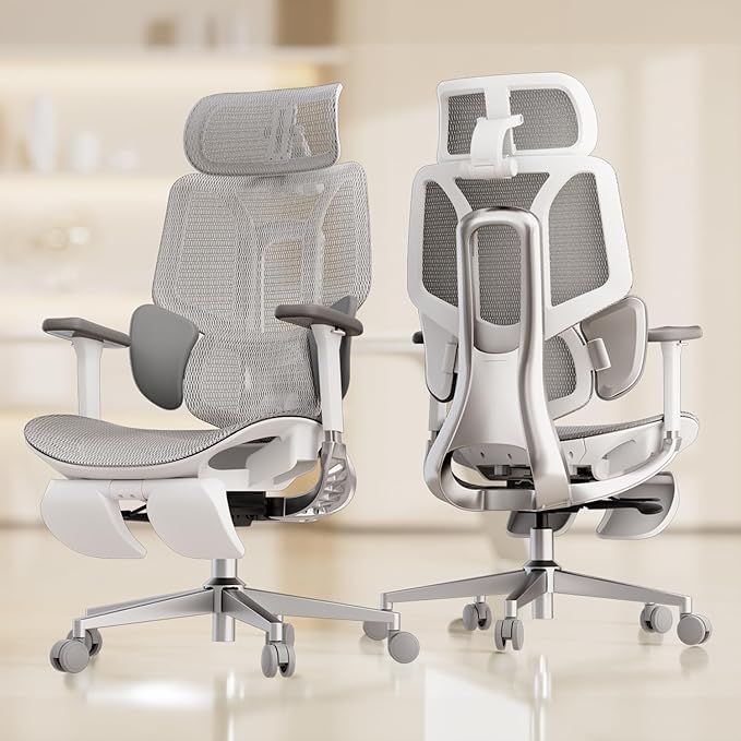 Hbada E3 Air Ergonomic Office Chair, Big and Tall Office Chair - with 3-Zone Dynamic Lumbar Support, 3D Adjustable Headrest, 4D Adjustable Armrests, Swivel, Grey(with Footrest)