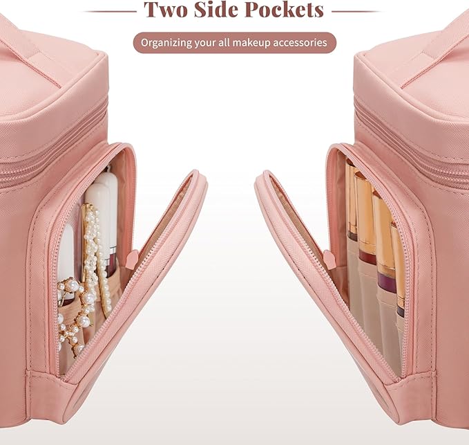 Large Makeup Bag, Portable Travel Makeup Bag Organizer for Women Girls with Makeup Brush Compartment & Two Side Pockets, Cosmetic Travel Bag Vertical Storage Toiletry - Pink