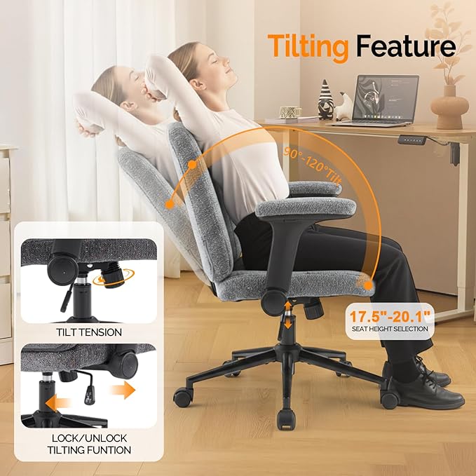 VINGLI Criss Cross Chair with Adjustable Flip-Up Arms,Cross Legged Chair with Wheels,Extra Wide Office Chair,Desk Chair for Home Office,Vanity,Bedroom, Apartment,Starry Chenille,Dark Grey