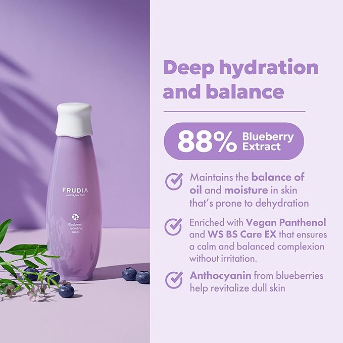 FRUDIA Blueberry Hydrating Face Toner (6.59 fl oz) - Moisturizing Korean Face Toner w/ 88% Blueberry Extract, Vegan Panthenol for Dry Skin | Vegan and Cruelty Free