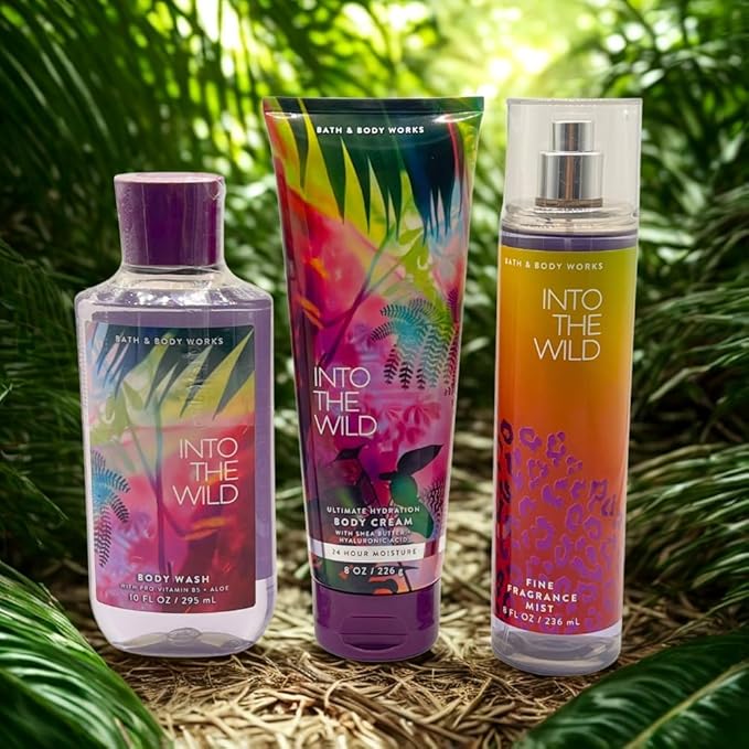 Bath & Body Works INTO THE WILD Fine Fragrance Mist, Ultimate Hydration Body Cream & Body Wash 3-piece Gift Set with a Blue Bow for Holidays – Full Size