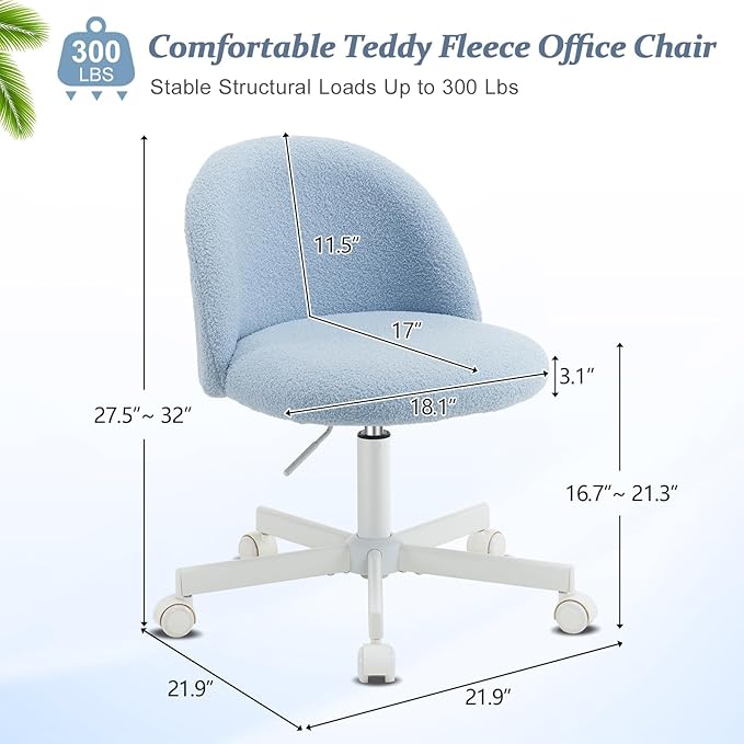 VINGLI Candy Chair Armless Cute Desk Chair,Comfy Small Office Chair with Wheels,Vanity Chair with Lumbar Support,Teddy Adjustable Rolling Swivel Computer Task Chair for Home Office,Bedroom,Poetic Blue