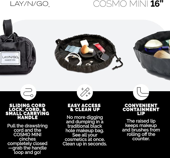 Lay-n-Go Cosmo Layflat Drawstring Cosmetic & Makeup Bag Organizer - Portable Drawstring Makeup Bag w/Zipper Pocket & More - Durable, Machine Washable Toiletry Bag for Travel (16", Crossmark)